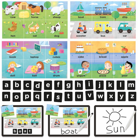 READ AND WRITE MAGNETIC LAB Read and write with magnetic letters and shapes! - game contents and components