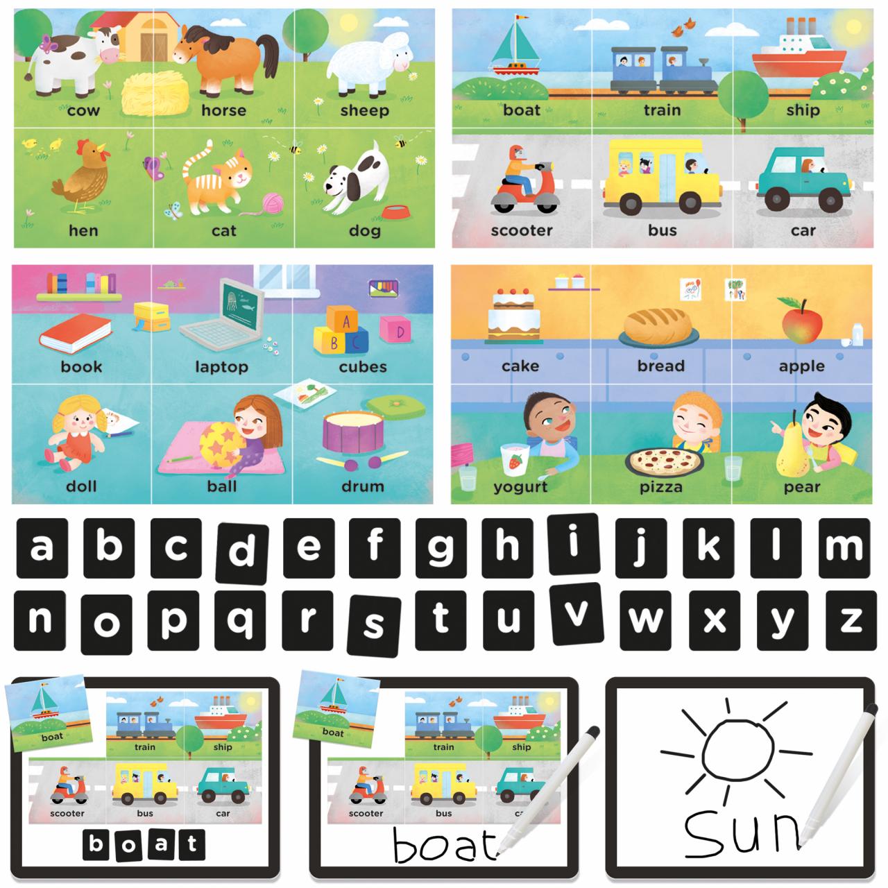 READ AND WRITE MAGNETIC LAB Read and write with magnetic letters and shapes! - game contents and components