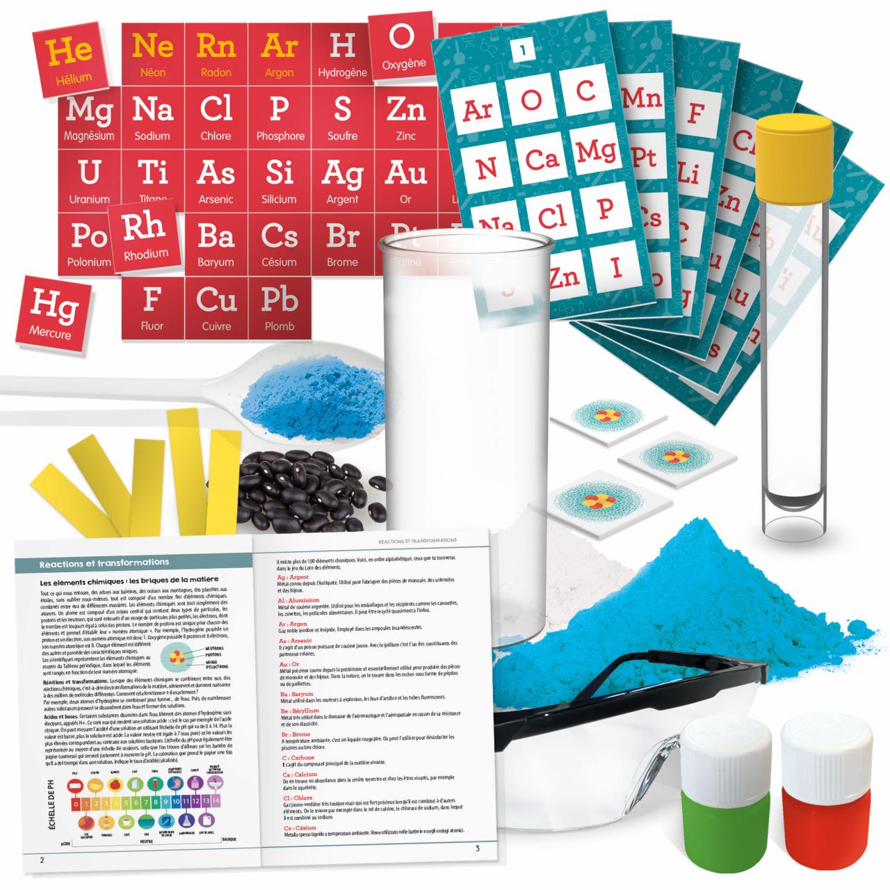 RÉACTIONS ET TRANSFORMATIONS La chimie pour les plus petits - game contents and components