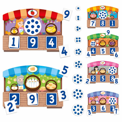 MONTESSORI 123 TOUCH BINGO Learn numbers and quantities with our merry market! - game contents and components
