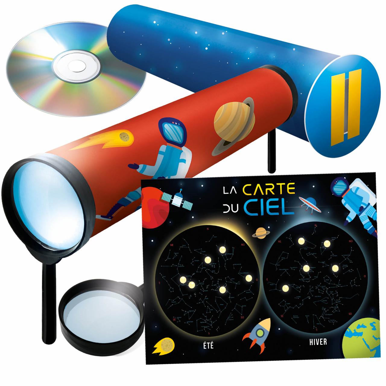 LA LUMIÈRE ET LES ÉTOILES Construis un télescope et un spectroscope et découvre leur fonctionnement - game contents and components
