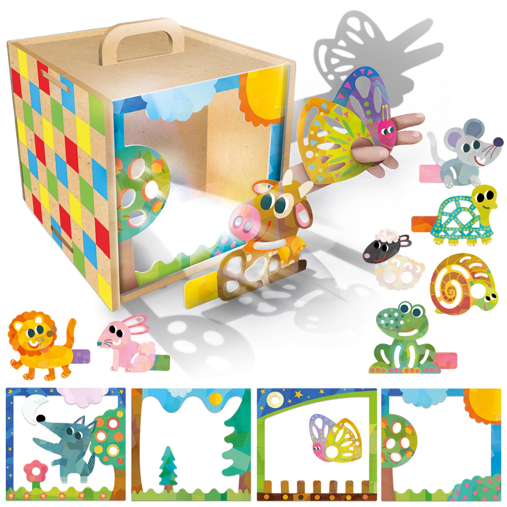 MAGIC STORY CREATION CUBE Create your first shadow play with your hands! - game contents and components